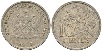 Тринидад и Тобаго 10 центов 1977 цветок гибискуса KM 31 медно-никель 218-1158