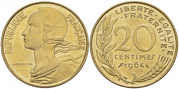 ФРАНЦИЯ 20 САНТИМОВ 1964 ТИП MARIANNE KM 930, LE FRANC 156.4 алюминиевая бронза 3856-1112