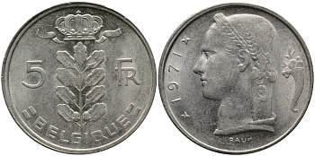 БЕЛЬГИЯ 5 ФРАНКОВ 1971 BELGIQUE KM 134.1 медно-никель 98-643