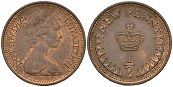 Великобритания 1/2 пенни 1971 Елизавета II (1952-2022) KM 914, Spink 4239 бронза 4152-414