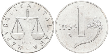 Италия 1 лира 1955 R, весы KM 91 алюминий  UNC  4594-659