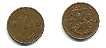 Финляндия 10 пенни 1922 республика (1918-1962) KM 24 медь 46-364
