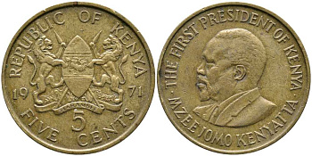 Кения 5 центов 1971 Джомо Кениата KM 10 никель латунь 110-623