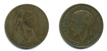 Великобритания 1 пенни 1918 Георг V (1910-1936) КМ 810, Spink 4051 бронза 37-1215
