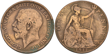 Великобритания 1 пенни 1911 Георг V (1910-1936) KM 810, Spink 4051 бронза 4557-942