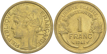 ФРАНЦИЯ 1 ФРАНК 1941 ТИП MORLON KM 885, LE FRANC 219.12 алюминиевая бронза 3853-227
