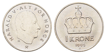 Норвегия 1 крона 1995 Харальд V (1991-) KM 436 медно-никель UNC 23-626