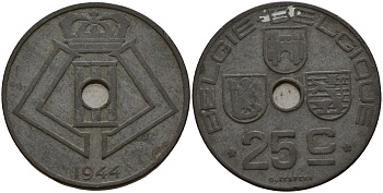 Бельгия 25 сантимов 1944 Belgie - Belgique, Леопольд III (1934-1947), германская оккупация, Вторая мировая война KM 132 цинк 4157-623
