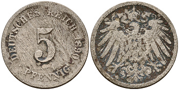 Германия 5 пфеннигов 1890 J J.12  KM 11 медно-никель    4598-1067