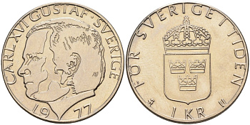 Швеция 1 крона 1977 Карл XVI Густав (1973- ) KM 852 медь плакированная медно-никелем UNC 4582-446