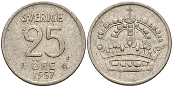 Швеция 25 эре 1957 TS, Густав VI Адольф (1950-1973) KM 824 серебро 4147-1054