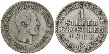 ЛИППЕ-ДЕТМОЛЬД 1 ГРОШ 1860 А, РАУЛЬ ФРИДРИХ ЭМИЛЬ ЛЕОПОЛЬД KM 265 серебро 99-863