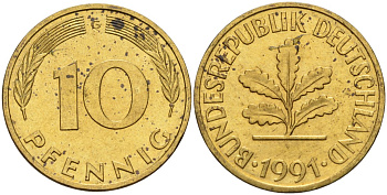 ФРГ 10 пфеннигов 1991 G KM 108, J. 383 сталь плакированная латунью 4175-1114