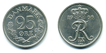 ДАНИЯ 25 ЭРЕ 1966 KM 850 медно-никель 04-927