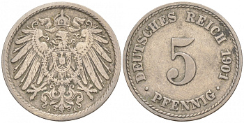ГЕРМАНИЯ 5 ПФЕННИГОВ 1901 A, KM 11, J. 12 медно-никель 73-662