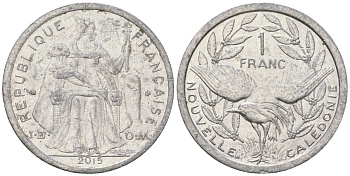 Французская Новая Каледония 1 франк 2015 птица кагу, (IEOM) KM 10, Schoen 10 алюминий 33-634
