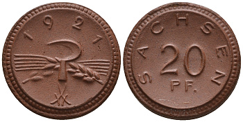 Саксония 20 пфеннигов 1921 колосья и серп J. N 53 фарфор UNC 1094-8-74