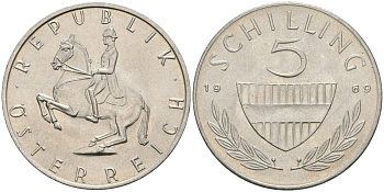 Австрия 5 шиллингов 1969 KM 2889a медно-никель UNC 4579-343