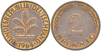 ФРГ 2 ПФЕННИГА 1964 G KM 106, J. 381 бронза 4181-741