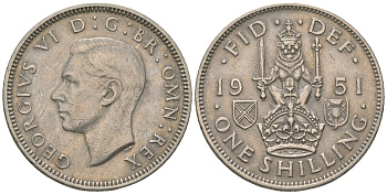 Великобритания 1 шиллинг 1951 Георг VI (1936-1952), Шотландский герб KM 877, Spink 4109 медно-никель 60-233