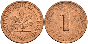 ФРГ 1 пфенниг 1989 D KM 105, J. 380 сталь плакированная медью    4598-656