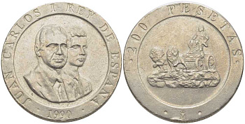 ИСПАНИЯ 200 ПЕСЕТ 1990 КОРОЛЬ И НАСЛЕДНЫЙ ПРИНЦ, ПОВОЗКА ЗАПРЯЖЕННАЯ ЛЬВАМИ, ХУАН КАРЛОС I (1975-) KM 855 медно-никель 117-226