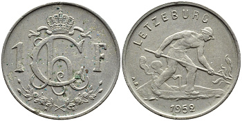 ЛЮКСЕМБУРГ 1 ФРАНК 1952 СТАЛЕВАР KM 46.2 медно-никель 4391-1051