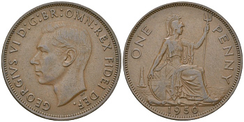 Великобритания 1 пенни 1950 Георг VI (1936-1952) KM 869, Spink 4117 бронза    82-846
