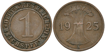 Германия 1 рейхспфенниг 1925 A KM 37, J. 313 бронза 4189-1066