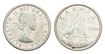 Канада 10 центов 1960 Елизавета II (1952-2022), парусник KM 51 серебро 4639-568