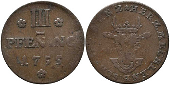 Мекленбург-Шверин 3 пфеннига 1755 Кристиан Людвиг II Мекленбургский (1747-1756) Kunzel 327, KM 171 медь 4448-837