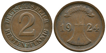 ГЕРМАНИЯ 2 РЕНТЕНПФЕННИГА 1924 E KM 31, J.307 бронза 86-1835