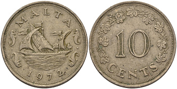 Мальта 10 центов 1972 баржа Великого магистра KM 11 медно-никель 82-333