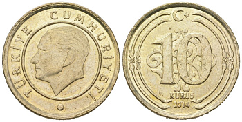 Турция 10 курушей 2014 KM 1241 медь цинк никель UNC 4621-461