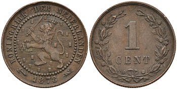Нидерланды 1 цент 1878 Виллем III (1849-1890) KM 107 бронза 4576-544