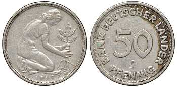 ФРГ 50 пфеннигов 1949 F KM 104, J. 379 медно-никель 4132-631