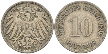 ГЕРМАНИЯ 10 ПФЕННИГОВ 1898 F KM 12, J. 13 медно-никель 4401-1042