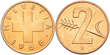 Швейцария 2 раппена 1968 В KM 47 бронза UNC 4575-814