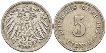 ГЕРМАНИЯ 5 ПФЕННИГОВ 1912 D KM 11, J. 12, Weege 6 медно-никель 211-561