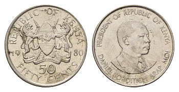 Кения 50 центов 1980 Дэниэл арап Мои KM 19 медно-никель aUNC 4682-652