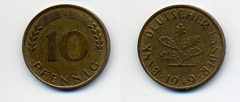 ФРГ 10 ПФЕННИГОВ 1949 J KM 103, J. 378 сталь плакированная латунью 4379-351