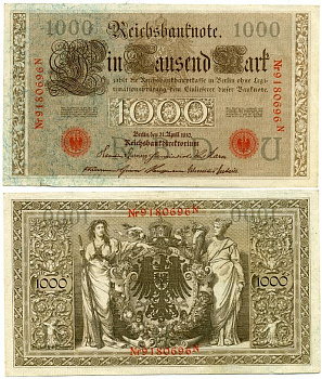 Германия 1000 марок 1910 красная печать, 7 цифр в номере Pick 44b бумага UNC (пресс) 444-9-1-2