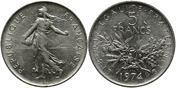 ФРАНЦИЯ 5 ФРАНКОВ 1974 СЕЯТЕЛЬ KM 926a.1, LE FRANC 341.6 медно-никель плакированный никелем 97-641