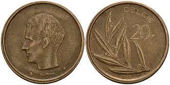 Бельгия 20 франков 1980 Belgie, Бодуэн I (1951-1993) KM 160 никель бронза 4599-144