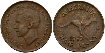 Австралия 1/2 пенни 1949 Георг VI (1937-1952), кенгуру KM 42 бронза 4187-851