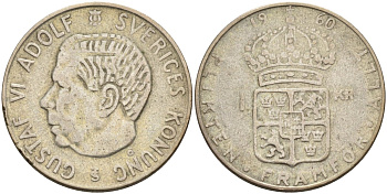 Швеция 1 крона 1960 TS, Густав VI Адольф (1950-1973) KM 826 серебро 4582-426