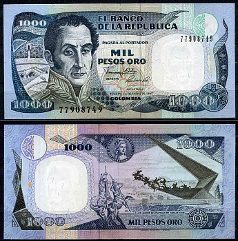 Колумбия 1000 песо 1990 El Banco de la Republica, портрет Симона Боливара, памятник героям Пантано-де-Варгас Pick 432 бумага UNC (пресс)   447-19-1