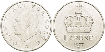 НОРВЕГИЯ 1 КРОНА 1977 ОЛАФ V KM 419 медно-никель 4448-453