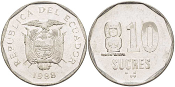 Эквадор 10 сукре 1988 VENUS DE VALDIVIA KM 92.1 сталь плакированная никелем 4681-414