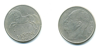 Норвегия 1 крона 1972 Улаф V (1957-1991), лошадь KM 409 медно-никель 54-2343